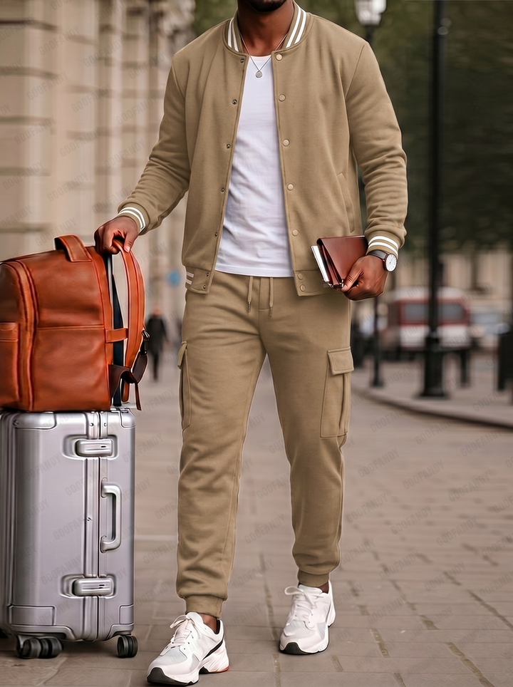 Men's Baseball Jacket & Cargo Jogger Set – Sporty-Casual with Contrast Stripes