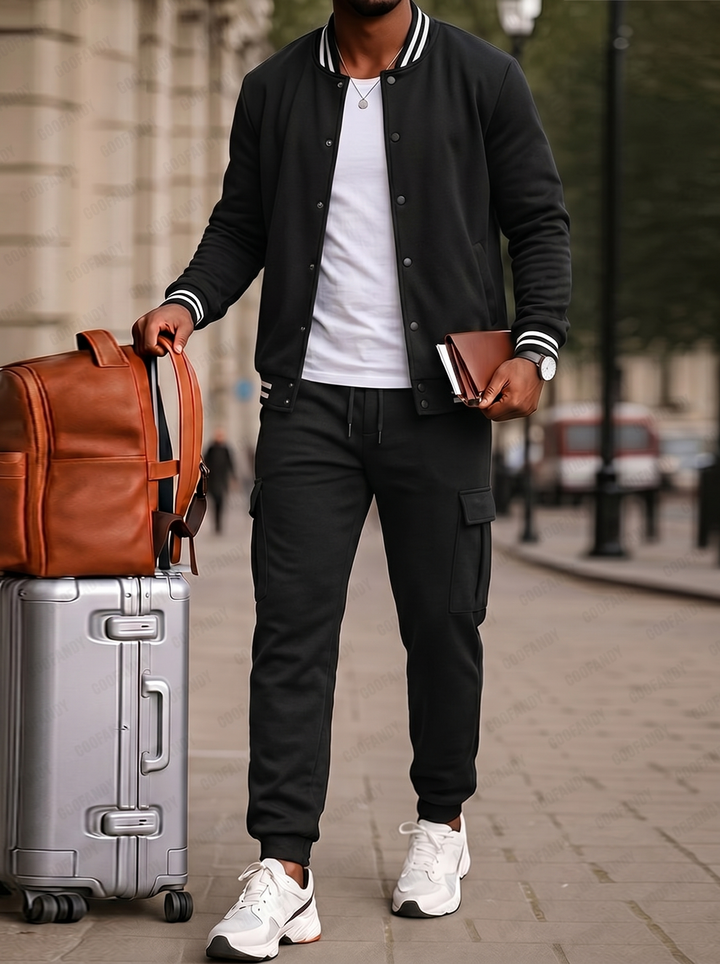 Men's Baseball Jacket & Cargo Jogger Set – Sporty-Casual with Contrast Stripes
