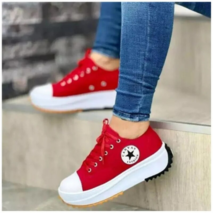 Damskie sneakersy Star Patch na platformie z sznurowaniem – swobodne masywne tenisówki z płótna