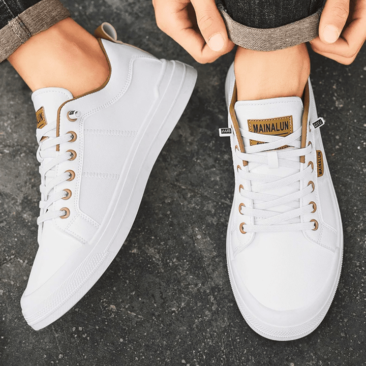 Men's White Leather Sneakers with Laces – Classic Casual Shoes