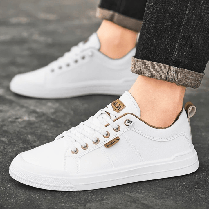 Men's White Leather Sneakers with Laces – Classic Casual Shoes