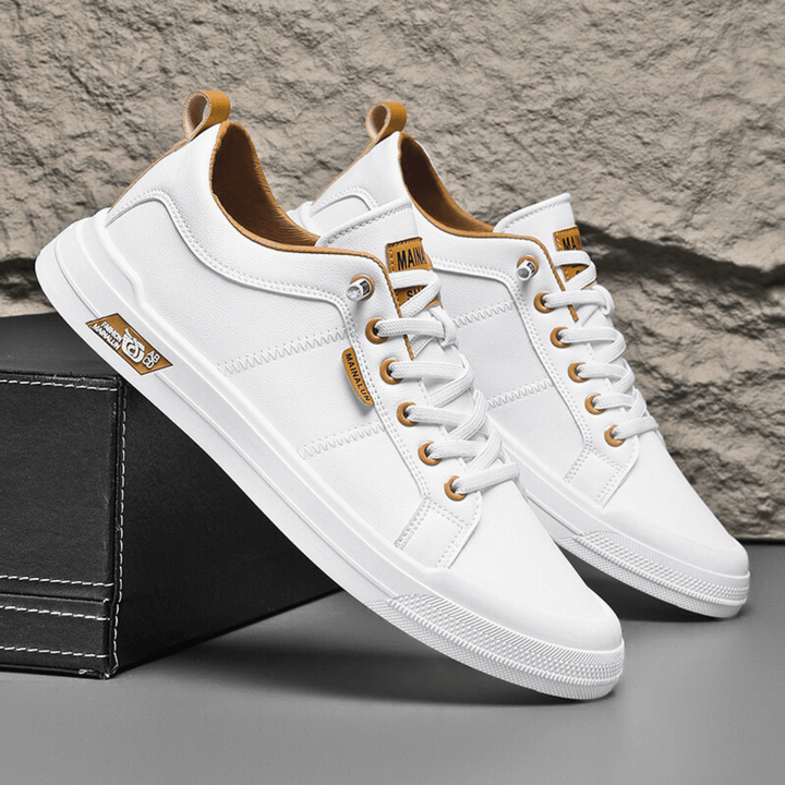 Men's White Leather Sneakers with Laces – Classic Casual Shoes