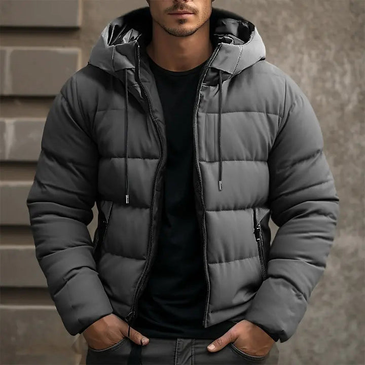 Men's hooded puffer winter jacket with insulated zipper