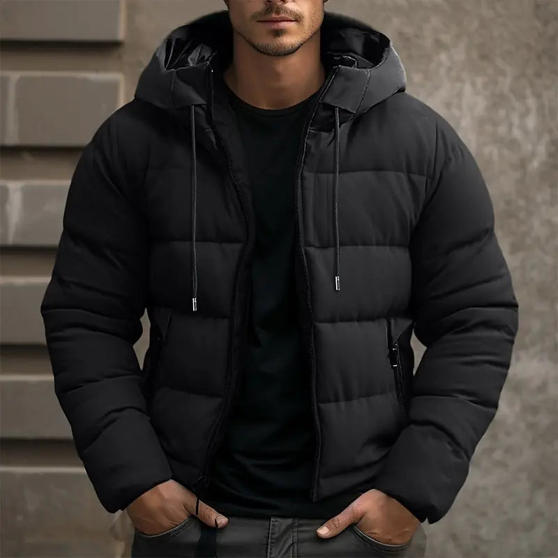 Men's hooded puffer winter jacket with insulated zipper