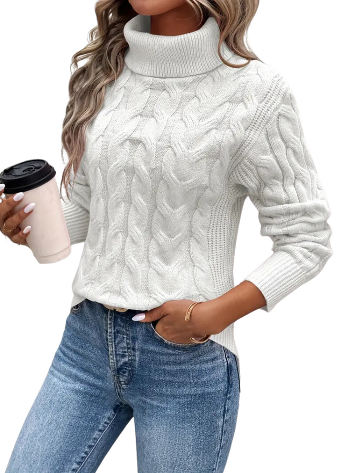 Jersey de cuello alto de punto trenzado para mujer, puños, estilo casual chic