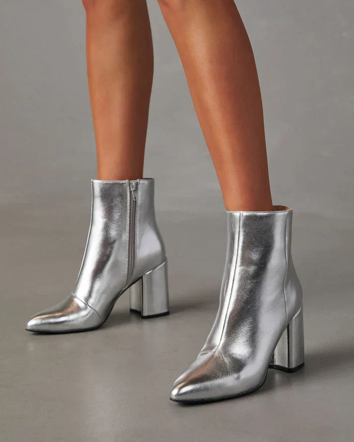Women's ankle boots metallic look | silver block heel