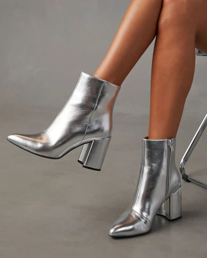Women's ankle boots metallic look | silver block heel