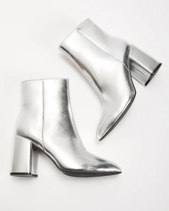 Women's ankle boots metallic look | silver block heel